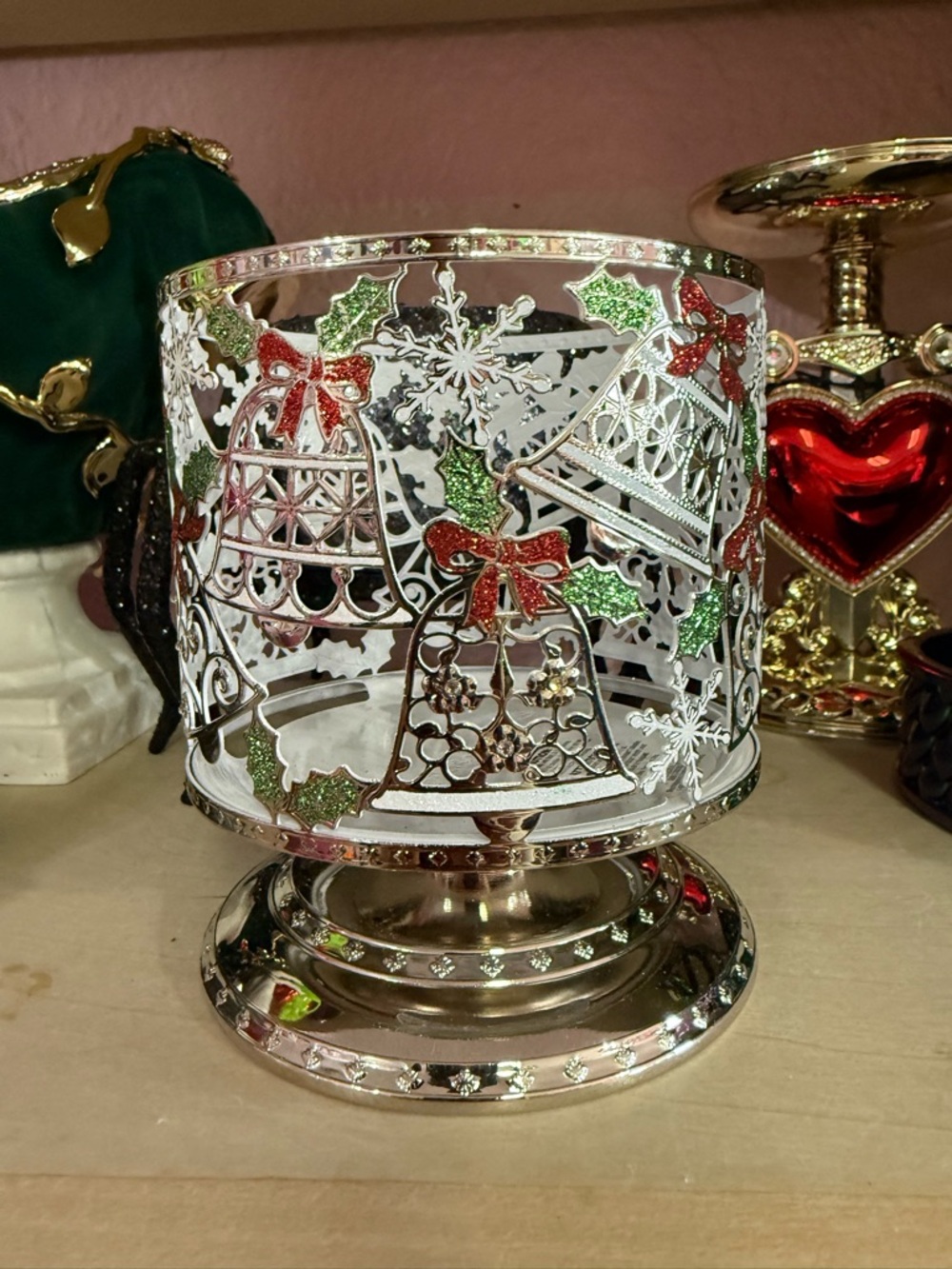 Bbw Festive Silver Bell Candle Holder with Red & Green Accents